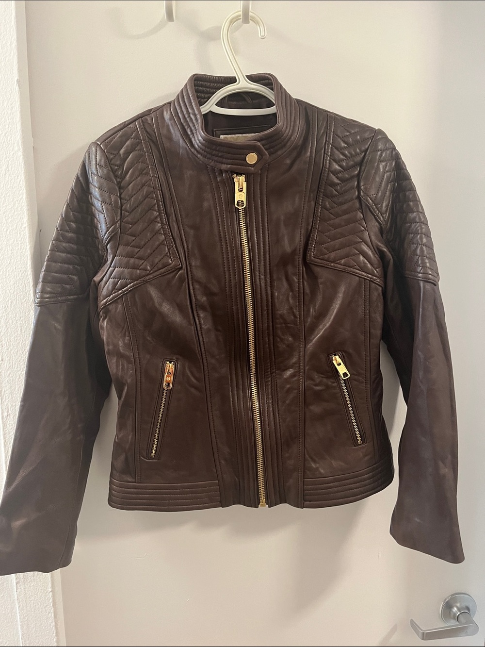 Michael Kors Dark Brown Quilted Leather Moto Jacket